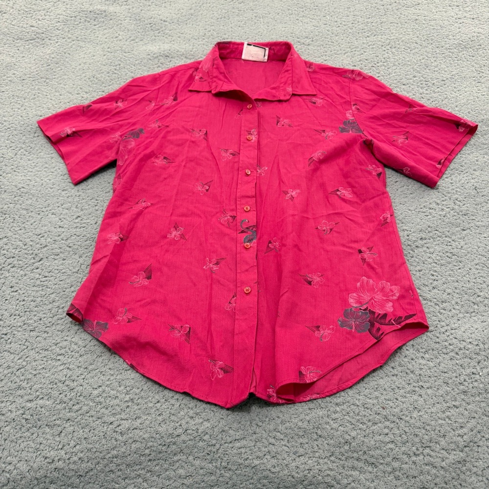 Vintage Poppe Mex Shirt Womens Small Pink Floral Hibiscus Short Sleeve Button Up